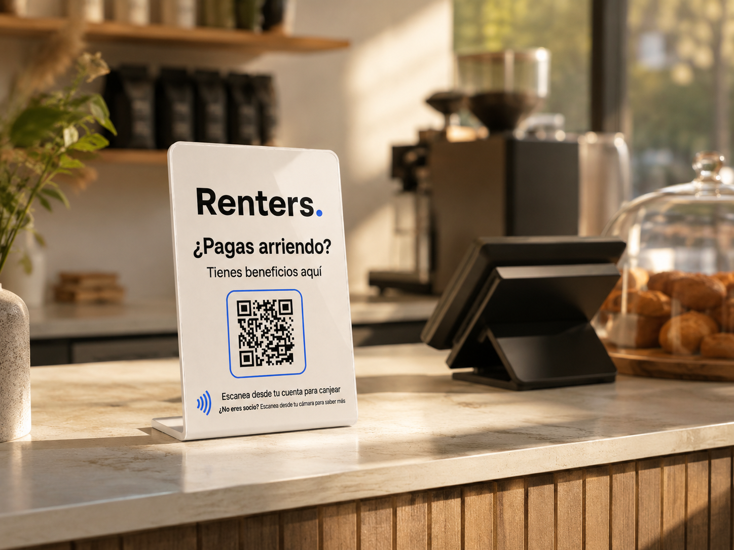 Acrílico Renters con código QR sobre la mesa de un local
