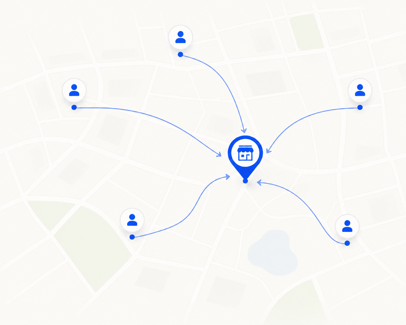 Mapa con residentes del barrio convergiendo hacia un local partner
