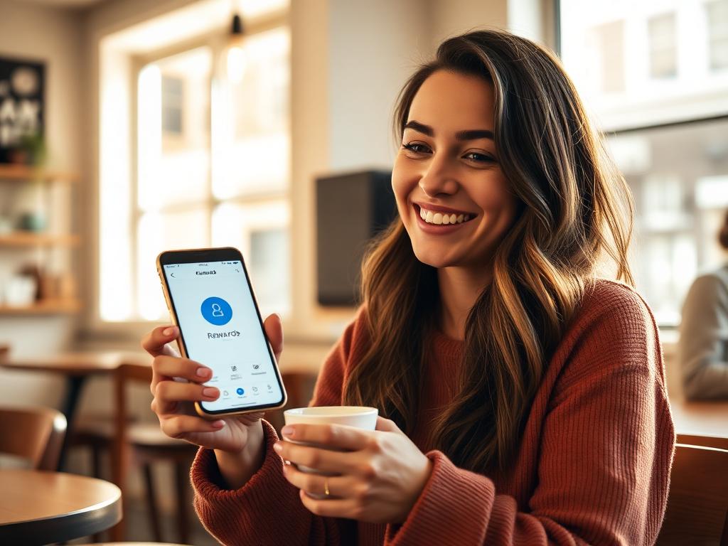 Arrendataria usando sus beneficios Renters desde el teléfono en un café