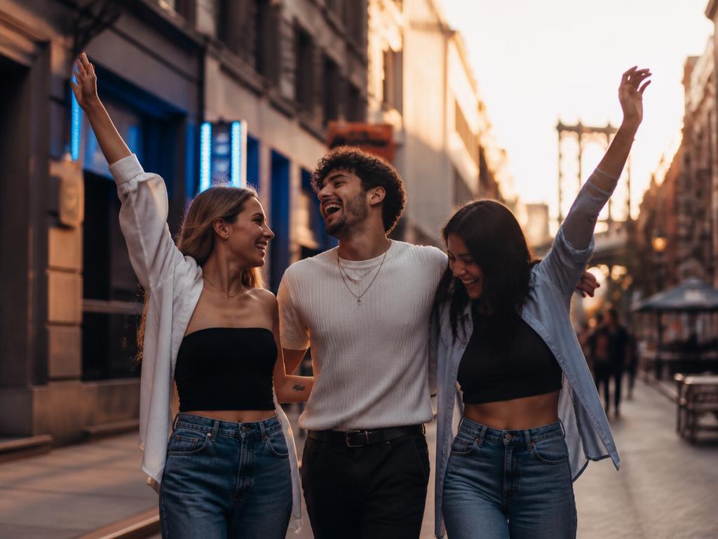 Tres amigos celebrando en la calle al atardecer
