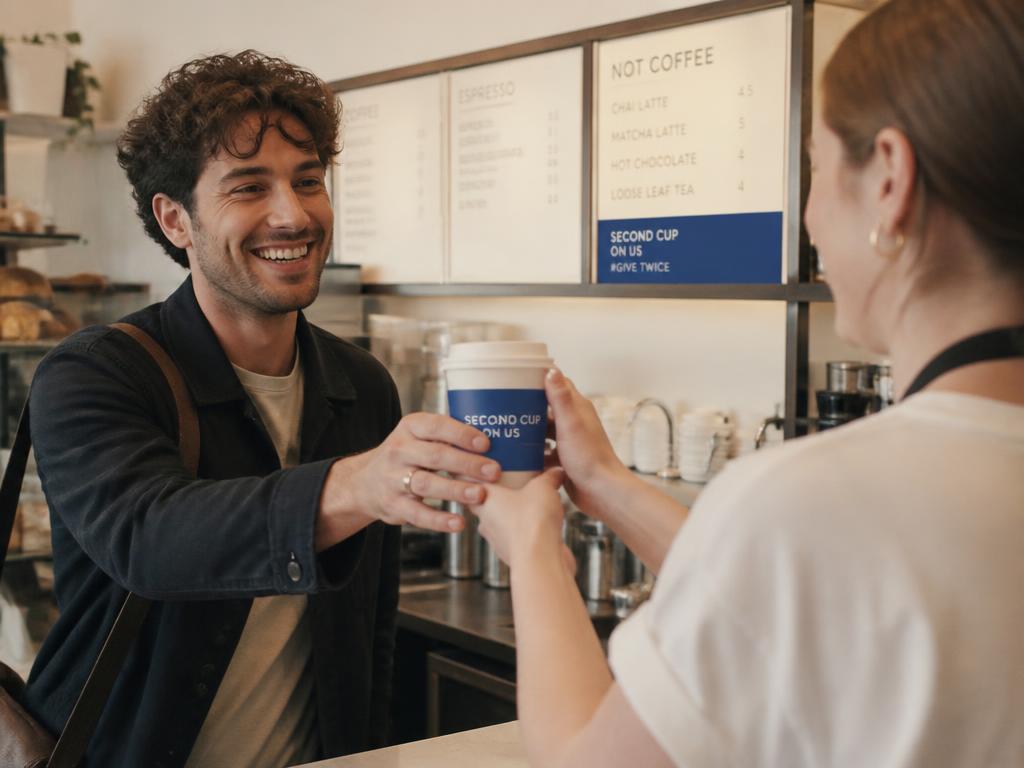 Barista entregando un segundo café gratis a un cliente feliz
